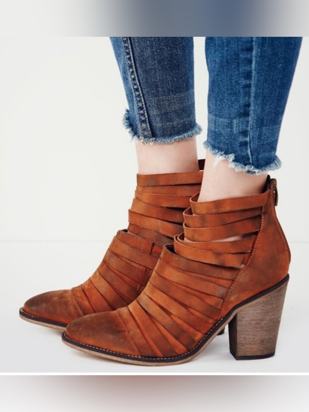 Free People Women’s Tan Strappy Leather Ankle Boots.. excellent condition